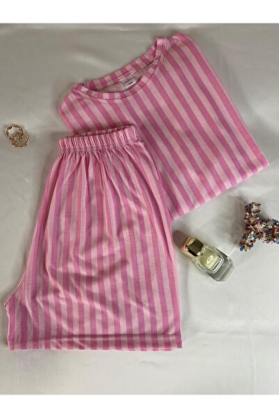 unbranded Pink Striped Short Sleeve Shorts Women's Pajama Set