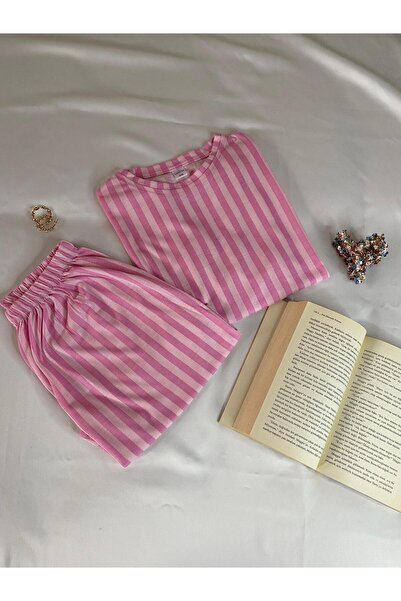 unbranded Pink Striped Short Sleeve Shorts Women's Pajama Set