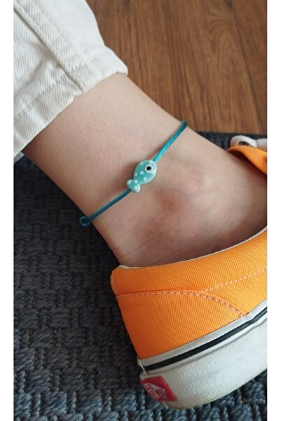 Bella Sera Studio Petrol Mavisi Saten İp Halhal Seramik Balık Detaylı (Suya Dayanıklı)