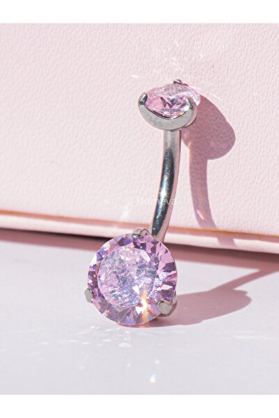 MORNEVA Titanyum Pembe Kristal Daire Taşlı Minimal Göbek Belly Piercingi
