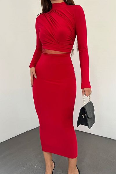WOMAN VISION Rochie roșie de damă, elastică, nisipoasă, tul, decoltat, detaliat, guler cu mânecă lungă, lungime midi, roșie 10957