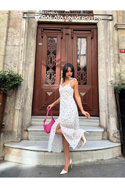 Julishop Rochie albă cu model floral, lungime midi