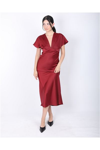 DEQ FASHION Women's Burgundy Satin V-Neck Midi Dress
