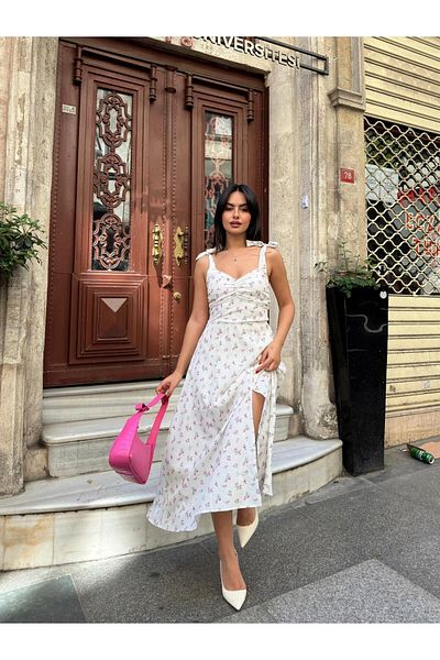 Julishop Καλοκαιρινό φόρεμα Julidress White Shoulder Strap με λουλουδάτο μοτίβο Midi μήκους