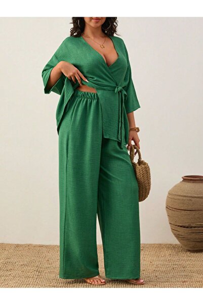 MEN Plus Size Cross Tie Cotton Linen Kimono Set