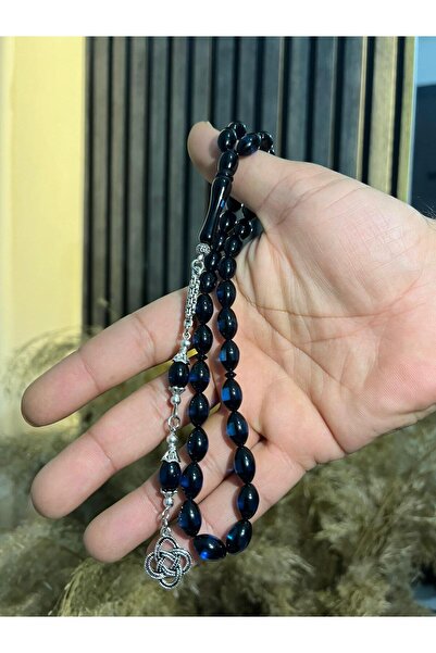 Zirve Hediyelik Özel Ahşap Kutulu 33 Lü Toz Kehribar Tesbih Lacivert Rengi He...