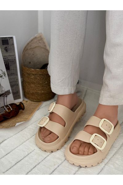 Ayakkabı Durağı Women's Daily Slippers Double Strap Adjustable Buckle Slippers Eva Soft Orthopedic Sole Beige