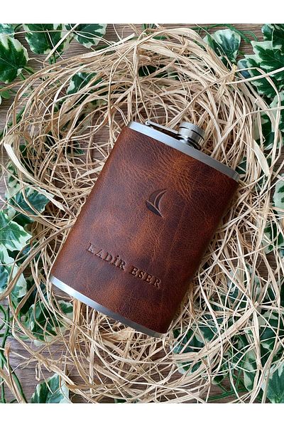 ALESTA LEATHER (Writing Name) Father's Day Gift Camping Set - Genuine Leather Covered Flask and Camping Cup