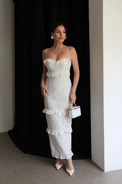 Julidress Λεπτομερές Premium Λευκό Φόρεμα με λαιμόκοψη με λουράκι