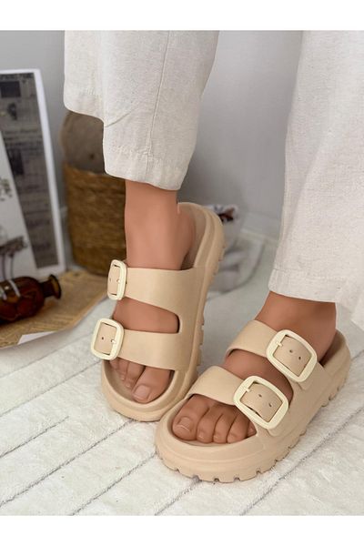 Ayakkabı Durağı Women's Daily Slippers Double Strap Adjustable Buckle Slippers Eva Soft Orthopedic Sole Beige