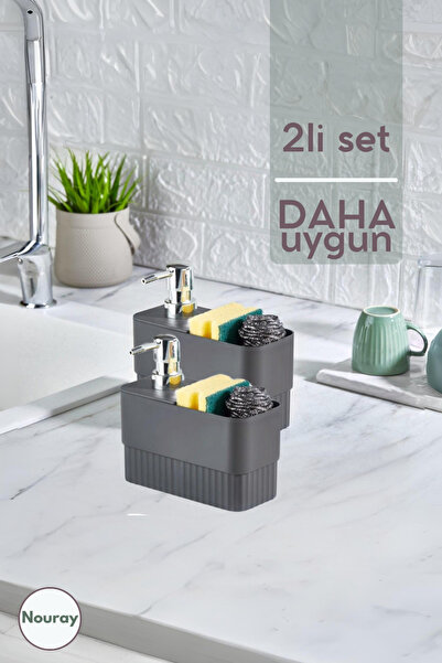nouray 2Lİ SET 2 bölmeli Pompalı Tezgah Üstü Banyo Mutfak Sıvı Sabunluk Sünge...