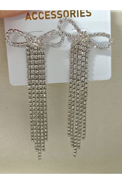 mos&more White Stone Dangle Bow Sparkly Long Women's Evening Dress Earrings, Tassel Earrings, Waterway