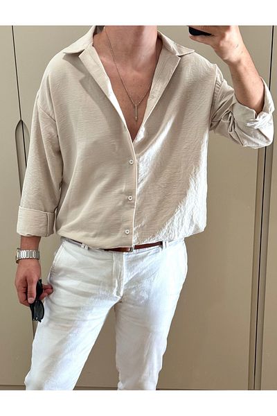 King Brothers Ανδρικό πουκάμισο Beige Oversize Linen Look - Thin Summer Ayrobin