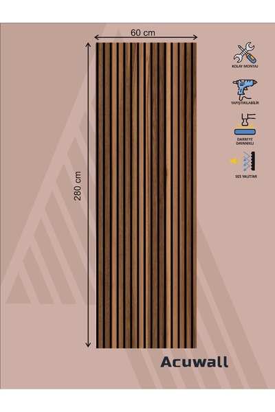 Acuwall Akustik Duvar Paneli-Vega Serisi-60cm*280cm-Ceviz-3mm Keçe+6mm Ahşap ...