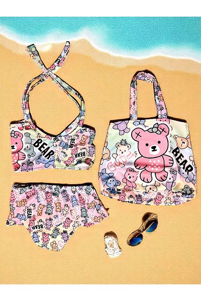 MİLAYS LİFE HOME COLLECTİON Mi̇lays Girl's Character Printed Skirt with Ruffles - Drawstring Tie Bag Swimsuit Bikini 3-Piece Set