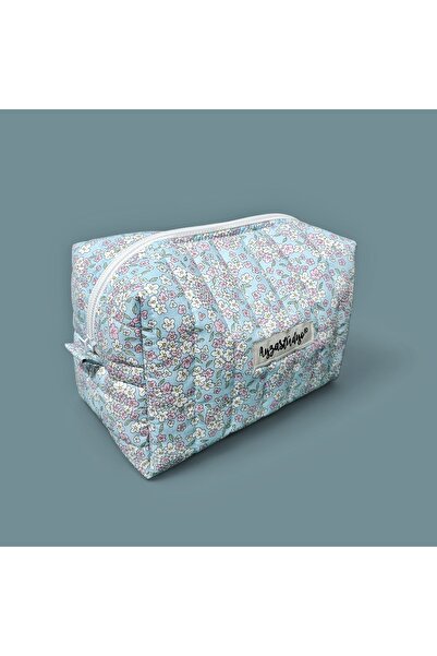 Ayza Stüdyo Mavi Çıtır Çiçekli Büyük Boy Makyaj Aksesuar Çantası