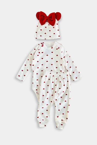 Minytrendy Baby Girl Newborn 100% Cotton Heart Bow Hat Bottom Top Set Baby Set-Red