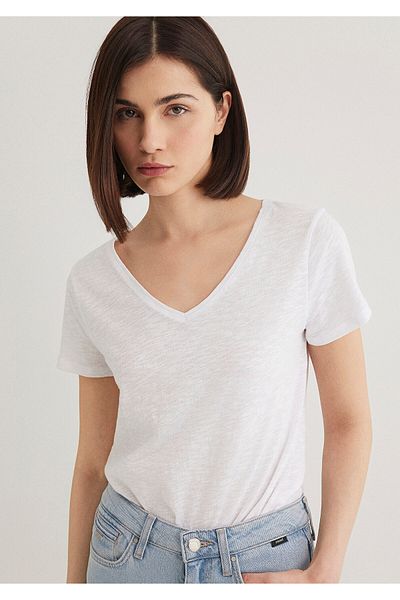 Mavi Біла майка з V-подібним вирізом Flamed Slim Fit Tisort 168260620