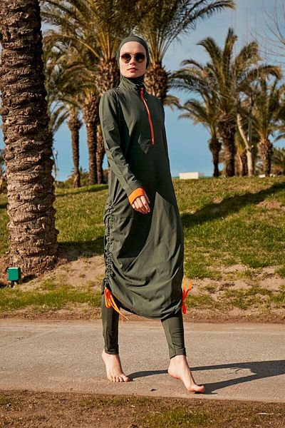 Marina Khaki Colored Parachute Fabric - Full Covered Hijab Swimsuit M2413