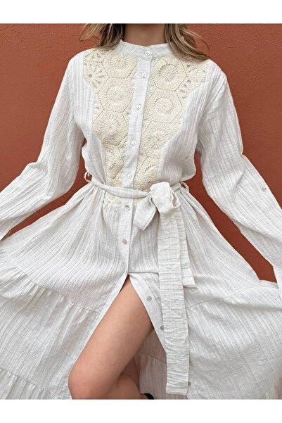 İLKCET MODA Μακρυμάνικο φόρεμα Seersucker με δαντέλα