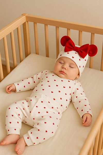 Minytrendy Baby Girl Newborn 100% Cotton Heart Bow Hat Bottom Top Set Baby Set-Red