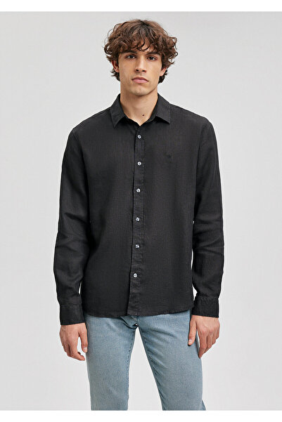 Mavi Siyah Keten Gömlek Slim Fit / Dar Kesim 021190-900