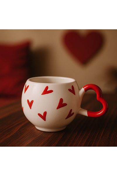 İZart Heart Handle Red Heart Patterned Custom Embossed Hand Embroidered Ceramic Mug