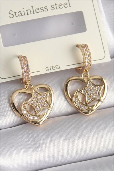 Skygo Gold Brass Zircon Stone Heart Model Women's Earrings - Crescent Star Embroidered Tj-Bkp9737
