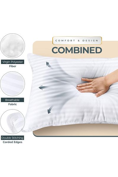 F.A.M.S Set of 2 - Stripe Hotel Pillows - Microfiber, Soft & Hypoallergenic, Breathable Design, Luxurious St