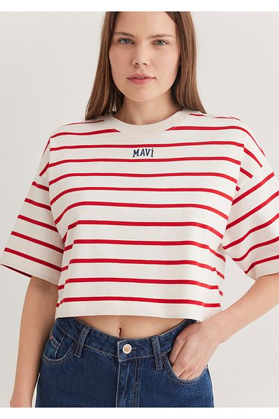 Mavi Rotes gestreiftes, mit Logo bedrucktes Crop-T-Shirt - Kurzer Schnitt 1612227 -86680