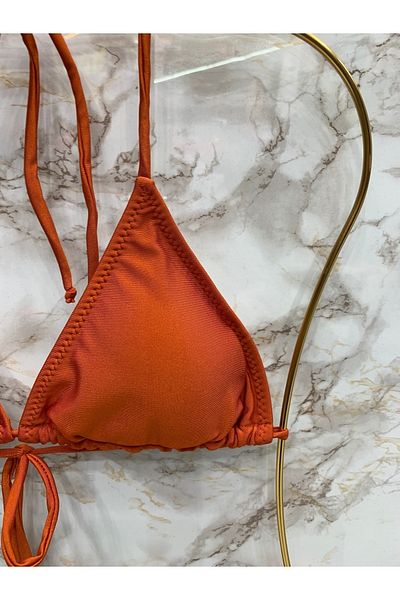 XORVİO Γυναικεία νέα σεζόν Lycra ελαστική στο πλάι και στο λαιμό Κομψό σετ μπικίνι τριγωνικό κοραλί χρώματος
