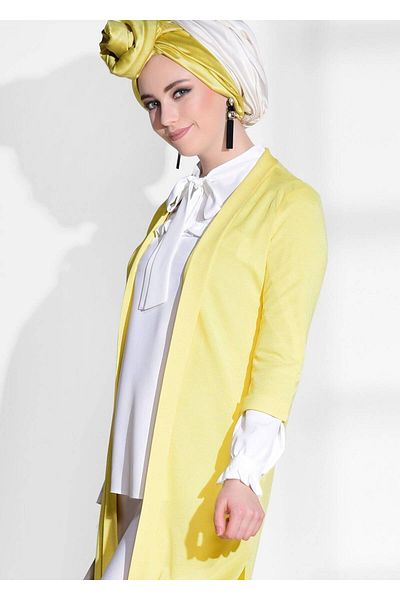 TRENDTESETTÜR Yellow Women's Cardigan - Side Slit Detail, Model 124