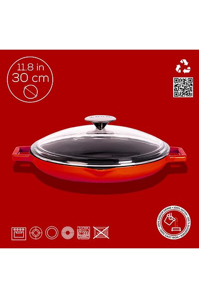 Lava Cast Round Frying Pan with Glass Lid Cast Iron Solid Double Handle Diameter(Ø)30cm