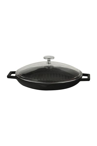Lava Cast Round Grill Pan with Glass Lid Cast Iron Solid Double Handle Diameter (Ø)26cm.