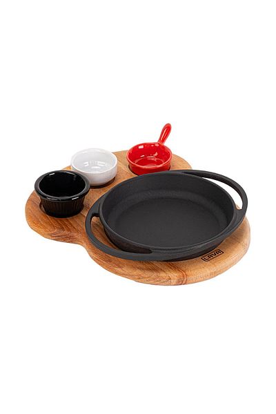 Lava Iron Solid Double Handle Cast Round Pan - Beech Serving Wooden Diameter (Ø)16Cm