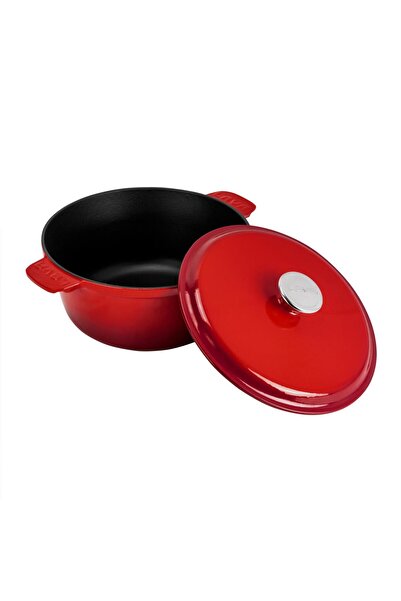 LAVA METAL DÖKÜM Lava Cast Round Pot with Cast Iron Solid HandleDiameter(Ø)26cm- Red