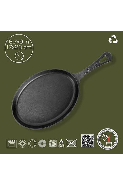 Lava Cast Oval Fajita Plate Cast Iron Solid Handle Size 17x23cm.