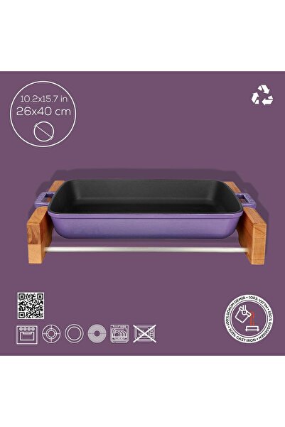 Lava Döküm Dikdörtgen Rosto Ve Fırın Tepsisi Kayın Servis Ahşabı Döküm Demir Yekpare Çift Kulplu Ölç