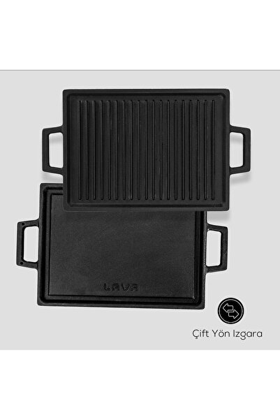Lava Döküm Dikdörtgen Çift Yön Izgara Hot Plate Döküm Demir Yekpare Çift Kulplu Kayın Servis Ahşabı