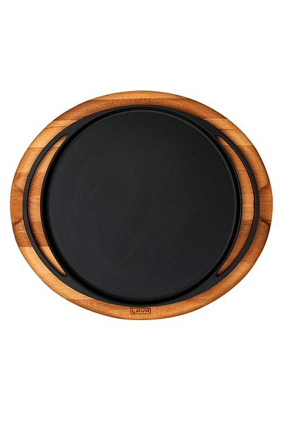 Lava Cast Round Pizza Crepe Pancake Pan Cast Iron Solid Double Handle Beech Serving Wooden Diameter
