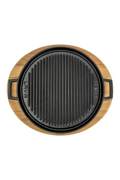 Lava Reversible Grill Pan - Cast Round Wood, Iron Solid and Double Handle Diameter (ø) Beech Serving