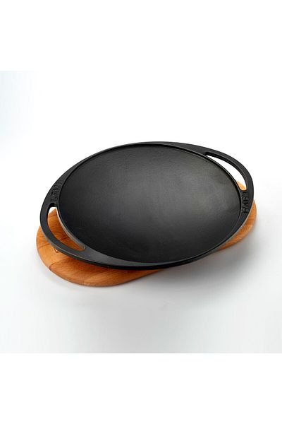 Lava Double Handle Cast Iron Solid - Round Hair Roasting Pan, Beech Serving Wood Diameter(Ø)28C