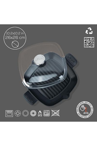 Lava Cast Iron Grill Pan with Glass Lid Cast Iron Solid Double Handle Size 26x26cm