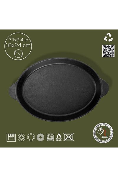 Lava Cast Oval Fajita Plate Cast Iron Solid Double Handled Dimensions 18x24cm.