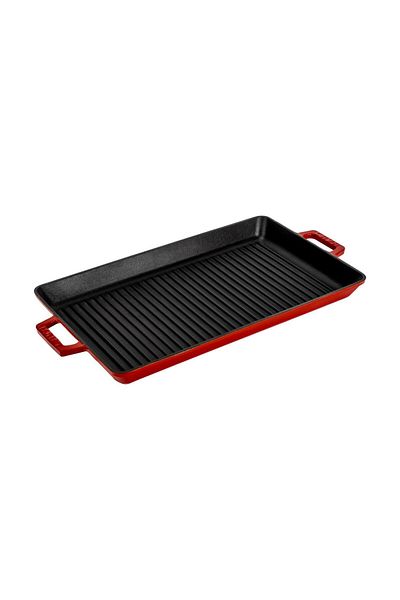 Lava Casting Rectangular Grill Pan Cast Iron Solid Double Handled Dimension 26x45cm. - Red
