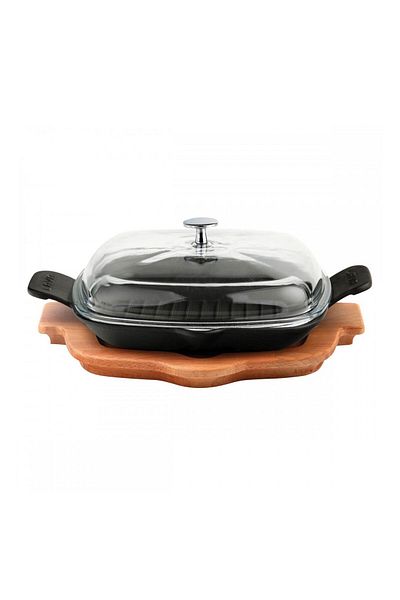 Lava Cast Grill Pan with Glass Lid - Beech Serving, Wooden Cast Iron Solid, Double Handle, Size 26x26c