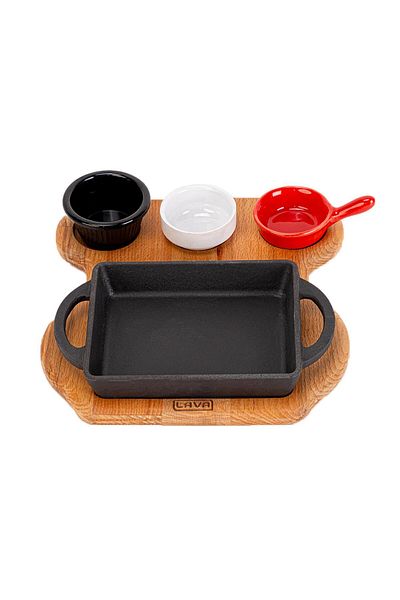 Lava Cast Rectangular Sahan Cast Iron Solid Double Handle Beech Serving Wood Size 12x15cm(sos K