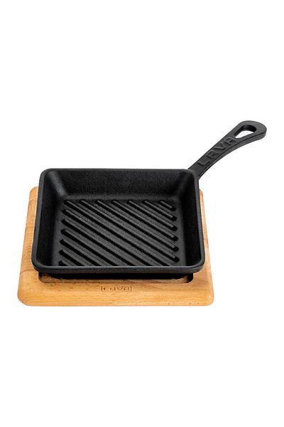 Lava Cast Iron Mini Square Grill Pan with Beech Wooden Base Cast Iron Solid Handle Size 16x16cm