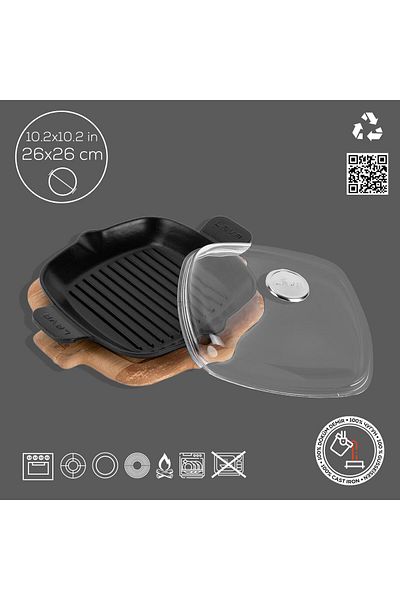 Lava Cast Grill Pan with Glass Lid - Beech Serving, Wooden Cast Iron Solid, Double Handle, Size 26x26c