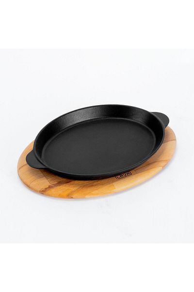 Lava Cast Oval Fajita Plate Cast Iron Solid Double Handle Beech Serving Wood Size 18x24cm